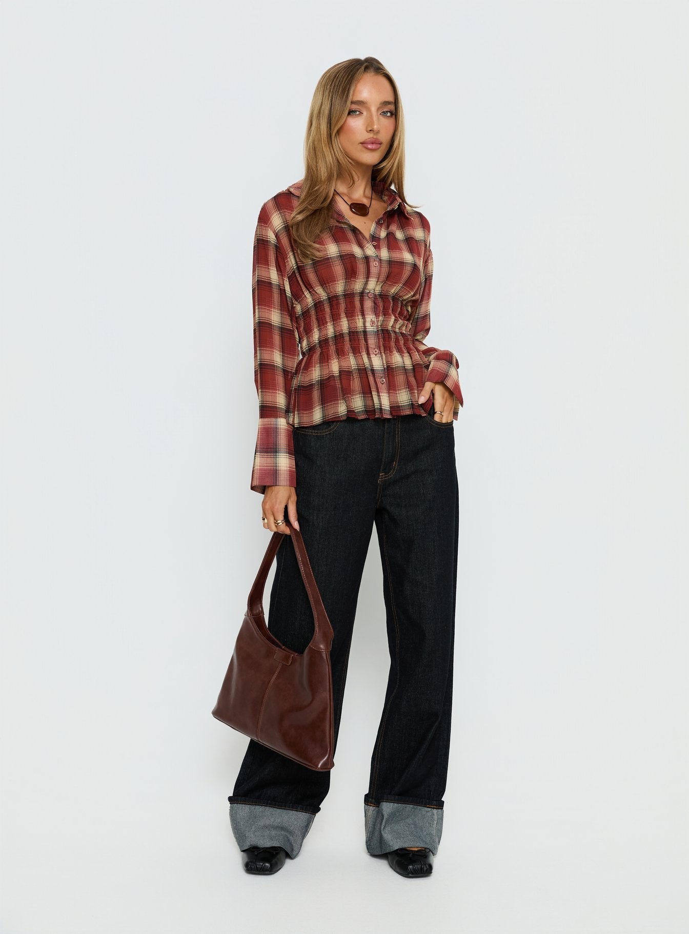 As You Are Shirred Button Up Top Red Check