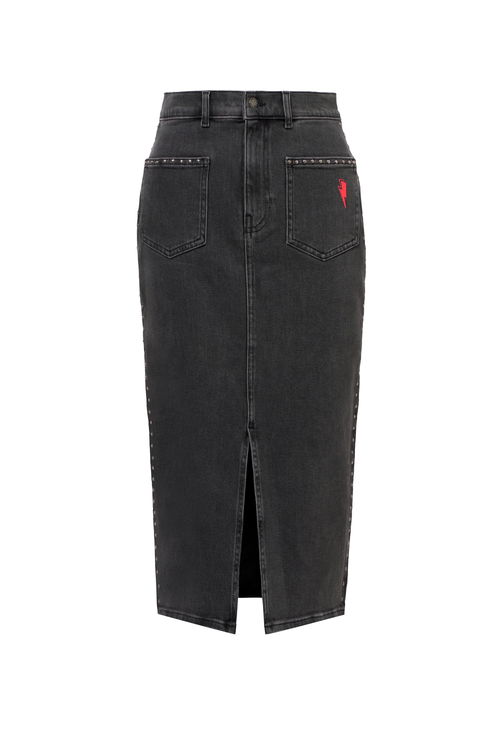 Washed Black Studded Denim Split Front Midi Skirt