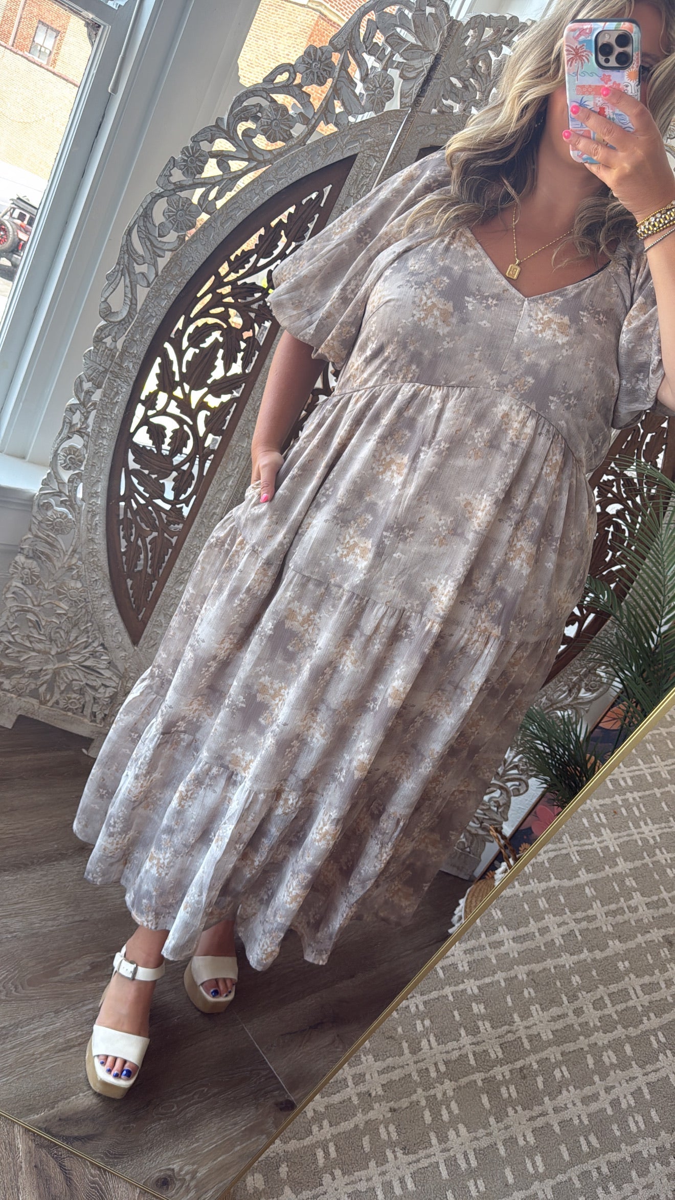Granite Hues Whimsical Bubble Sleeve Maxi Dress, Taupe