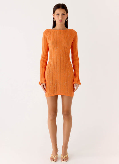 Estrella Long Sleeve Knit Mini Dress - Orange
