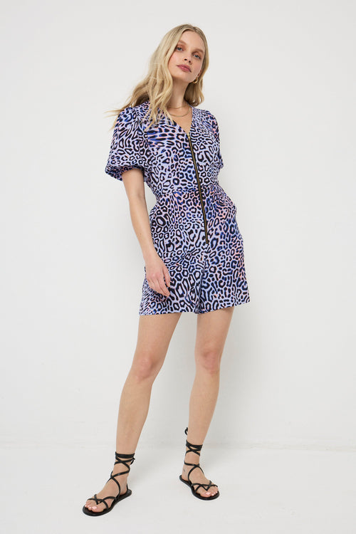 Lilac with Black and Pink Leopard Ray Zip Front Playsuit